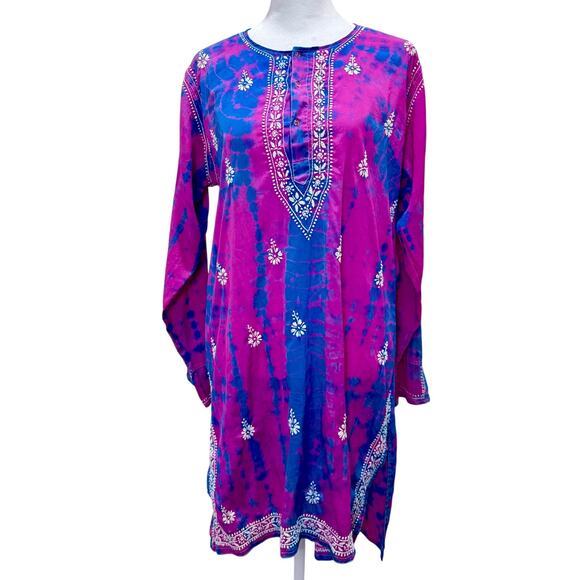 VTG Jest Jewels Tie Dye Embroidered Tunic Pink Blue Large Hippie Groovy Indie - Picture 1 of 13
